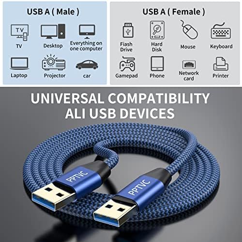 USB 3.0 A לכבל זכר 10ft, PPTVC USB 3.0 ל- USB 3.0 כבל [לעולם אל תקרע] USB כבל זכר לזכר קצה כפול קצה תואם למארזים של כונן קשיח,
